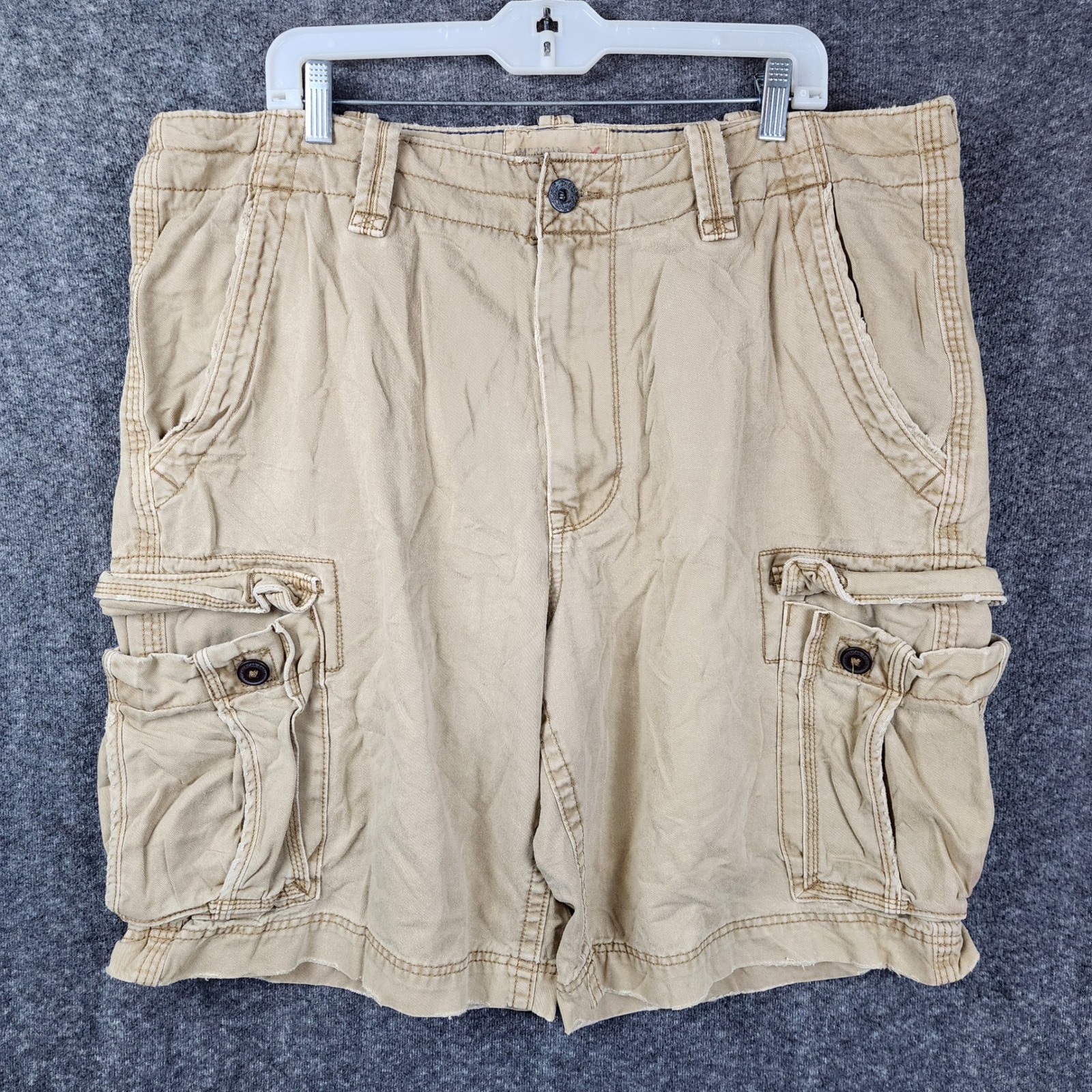 American Eagle Cargo Shorts Mens 38 Khaki Tan Classic Length Relaxed Fit Cotton